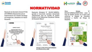 Resolución Ministerial N° 189-2021-MINEDU,
aprueba el documento normativo denominado
“Disposiciones para los Comités de Gestión
Escolar en las Instituciones Educativas Públicas
de Educación Básica”
Oficio Múltiple N°
035-2021-MINEDU/VMGP-DIGC; sobre la
Guía de Gestión Escolar, es el marco para
conformar la Brigada de Educación
Ambiental y Gestión del Riesgo de
Desastres.
Resolución de Secretaría General N°302-
2019-MINEDU,Disposiciones para la
Implementación de la Gestión del Riesgo
de emergencias y desastres en el Sector
Educación.
NORMATIVIDAD
Deroga la RSG N°014-2019-MINEDU
Ex Comité de EA y GRD
 