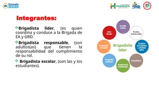 Integrantes:
Brigadista líder, (es quien
coordina y conduce a la Brigada de
EA y GRD.
Brigadista responsable, (son
adultos(as) que tienen la
responsabilidad del cumplimiento
de su rol.
 Brigadista escolar, (son las y los
estudiantes).
 