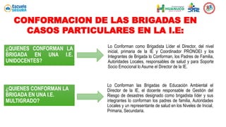 ¿QUIENES CONFORMAN LA
BRIGADA EN UNA I.E.
UNIDOCENTES?
Lo Conforman como Brigadista Líder el Director, del nivel
inicial, primaria de la IE y Coordinador PRONOEI y los
Integrantes de Brigada lo Conforman, los Padres de Familia,
Autoridades Locales, responsables de salud y para Soporte
Socio Emocional lo Asume el Director de la IE.
¿QUIENES CONFORMAN LA
BRIGADA EN UNA I.E.
MULTIGRADO?
Lo Conforman las Brigadas de Educación Ambiental el
Director de la IE, el docente responsable de Gestión del
Riesgo de desastres designado como brigadista líder y sus
integrantes lo conforman los padres de familia, Autoridades
Locales y un representante de salud en los Niveles de Inicial,
Primaria, Secundaria.
CONFORMACION DE LAS BRIGADAS EN
CASOS PARTICULARES EN LA I.E:
 
