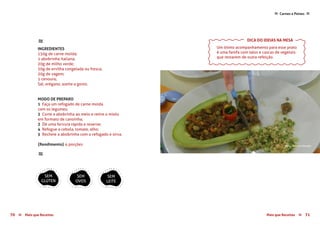 Mais que Receitas ≈ 7170 Mais que Receitas≈
Carnes e Peixes ≈≈
≈
INGREDIENTES
150g de carne moída;
1 abobrinha italiana;
20g de milho verde;
20g de ervilha congelada ou fresca;
20g de vagem;
1 cenoura;
Sal, orégano, azeite a gosto.
MODO DE PREPARO
1 Faça um refogado de carne moída
com os legumes;
2 Corte a abobrinha ao meio e retire o miolo
em formato de canoinha;
3 Dê uma fervura rápida e reserve;
4 Refogue a cebola, tomate, alho;
5 Recheie a abobrinha com o refogado e sirva.
{Rendimento} 4 porções
≈
SEM
GLÚTEN
SEM
OVOS
SEM
LEITE
Um ótimo acompanhamento para esse prato
é uma farofa com talos e cascas de vegetais
que restarem de outra refeição.
DICA DO IDEIAS NA MESA
foto › Inajara Vencato
 