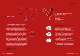 galopé
Paulo Mariano Ferreira
Brasília- DF
≈
INGREDIENTES
½ kg. de coxa e sobrecoxa de frango;
½ kg. de pés de porco;
5 batatas;
2 cebolas médias;
4 tomates;
½ cabeça de alho;
1 pimentão;
Sal e pimenta a gosto.
MODO DE PREPARO
1 Limpe bem os pés de porco e coloque
em panela de pressão por 15 min,
forrando o fundo da panela com 1
cebola, ½ cabeça de alho, 2 tomates e ½
pimentão picados;
2 Após os 10 min iniciais de cozimento,
abra a panela, acrescente o frango e o
cubra com o restante dos temperos
também picados;
3 Acrescente ¼ litro de água e deixe
cozinhar por 5 minutos;
4 Após esse tempo, abra a panela, prove
o tempero, coloque as batatas cortadas
ao meio e cozinhe por mais 5 minutos;
» Sirva com arroz branco e salada verde.
{Rendimento} 6 porções
≈
« Conheci este prato há mais ou menos uns
quinze anos. Naquela ocasião, um amigo do
trabalho comentou que misturava carne de
porco com frango e ficava muito bom. Num
primeiro momento, achei meio estranho, mas
como a maioria dos filhos de mineiros trazem no
sangue um certo atrevimento culinário, resolvi
testar a receita. O resultado me surpreendeu.
Ficou muito bom. Não sei muito bem como os
ingredientes interagem, isso é coisa para os
estudiosos, mas o que se percebe no paladar é
que há uma mistura de sabores. Não é que ficou
bom mesmo! Resumindo, desde então venho
aperfeiçoando a receita incluindo alguns itens
aqui e acolá e me deliciando com o prato. Para
se ter uma ideia, já houve ocasiões em que tive
que repetir a receita no mesmo dia. Apresento
então o básico da receita. Mãos à panela. »
»
SEM
GLÚTEN
SEM
OVOS
SEM
LEITE
OCASIÕES
ESPECIAIS
Carnes e Peixes ≈≈
Mais que Receitas ≈ 7574 Mais que Receitas≈
 