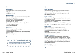 Carnes e Peixes ≈≈
78 Mais que Receitas Mais que Receitas≈ ≈ 79
≈
MODO DE PREPARO
1 Cozinhe o macarrão em uma panela grande conforme o
tempo determinado pelo fabricante;
2 Descarte a água quente e coloque em água fria filtrada
para parar o cozimento.
Molho vermelho:
1 Em uma panela, refogue a cebola, o alho e o sal no azeite
e, em seguida, o tomate;
2 Acrescente 2 xícaras de água e deixe o molho ferver até o
tomate começar a se desfazer;
3 Coloque o extrato de tomate, o restante da água, a pimen-
ta, o açúcar e deixe engrossar. Se for necessário, corrija o sal.
Molho branco:
1 Coloque a manteiga, a cebola e deixe dourar;
2 Acrescente a farinha de trigo, mexendo rápido;
3 Coloque o leite aos poucos, sempre mexendo para não
empelotar;
4 Acrescente orégano e sal a gosto;
Montagem da lasanha:
1 Em um pirex, comece com uma camada de molho ver-
melho, depois uma de macarrão, uma de presunto, uma de
muçarela, uma de molho branco, uma de molho vermelho, e
assim por diante até utilizar todos os ingredientes;
2 Leve para assar em forno médio pré-aquecido por aproxi-
madamente 20 minutos
{Rendimento} 20 pedaços
≈
≈
INGREDIENTES
1 pacote de 500 gr de macarrão para lasanha;
600 gr de muçarela;
600 gr de presunto;
Molho vermelho:
3 tomates maduros sem casca e sem semente picados;
2 cebolas média picadas;
3 dentes de alho socado com sal a gosto;
¾ lata de 340 g de extrato de tomate;
azeite ou óleo para refogar;
Aproximadamente 4 copos americano de água fervente;
Pimenta-malagueta a gosto;
1 colher de chá de açúcar;
Molho branco:
1 colher de sopa cheia de manteiga;
½ cebola média picada;
2 colheres de sopa rasas de farinha de trigo peneirada;
½ litro de leite;
Orégano e sal a gosto.
≈
Substitua o presunto por carne moída refogada
ou por frango desfiado, fica excelente!
DICA DO IDEIAS NA MESA
 
