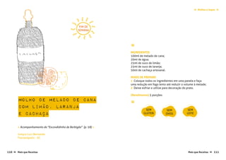 Mais que Receitas ≈ 111110 Mais que Receitas≈
Molhos e Sopas ≈≈
Molho de melado de cana
com limão, laranja
e cachaça
Greyce Luci Bernardo
Florianópolis - SC
« Acompanhamento do "Escondidinho de Berbigão" (p. 58) »
≈
INGREDIENTES
100ml de melado de cana;
20ml de água;
25ml de suco de limão;
25ml de suco de laranja;
50ml de cachaça artesanal.
MODO DE PREPARO
1 Coloque todos os ingredientes em uma panela e faça
uma redução em fogo lento até reduzir o volume à metade;
2 Deixe esfriar e utilize para decoração do prato.
{Rendimento) 5 porções
≈
SEM
GLÚTEN
SEM
OVOS
SEM
LEITE
FIM DE
SEMANA
 