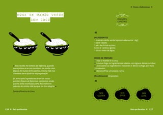 Mais que Receitas ≈157
Doce de Mamão verde
com coco
Samara Pereira de Lima
≈
INGREDIENTES
1 mamão médio verde (aproximadamente 1 kg);
1 coco ralado;
2 xic. de chá de açúcar;
Cravo e canela a gosto;
1 litro e meio de água.
MODO DE PREPARO
1 Rale o mamão e o coco;
2 Leve ao fogo os ingredientes ralados com água e deixe cozinhar;
3 Acrescente os ingredientes restantes e deixe no fogo por mais
30 minutos;
4 Deixe esfriar um pouco e siva.
{Rendimento} 10 porções
≈
« Esta receita me lembra da infância, quando
meus primos e eu nos reunimos na minha casa.
Depois de muitas brincadeiras, minha mãe nos
chamava para ajuda-la na preparação.
Os principais ingredientes eram do nosso
quintal. Depois de fazermos, comíamos ainda
quente. Esta receita faz parte dos melhores
sabores da minha vida porque me traz alegria. »
SEM
GLÚTEN
SEM
OVOS
SEM
LEITE
OCASIÕES
ESPECIAIS
Doces e Sobremesas ≈≈
157Mais que Receitas ≈156 Mais que Receitas≈
 