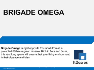 BRIGADE OMEGA

Brigade Omega is right opposite Thurahalli Forest, a
protected 600-acre green reserve. Rich in flora and fauna,
this vast lung space will ensure that your living environment
is that of peace and bliss.

Cloud | Mobility| Analytics | RIMS
www.ft2acres.com

 