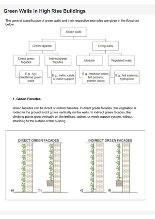 Green Walls in High Rise Buildings
The general classification of green walls and their respective examples are given in the flowchart
below.
1. Green Facades
Green facades can be direct or indirect facades. In direct green facades, the vegetation is
rooted in the ground and it grows vertically on the walls. In indirect green facades, the
climbing plants grow vertically on the trellises, cables, or mesh support system, without
attaching to the surface of the building.
 