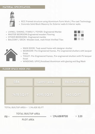 LIVING / DINING / FAMILY / FOYER: Engineered Marble
MASTER BEDROOM:Engineered wooden Flooring
OTHER BEDROOMS: Engineered marble
BALCONY / DECK: Wooden look, matt finish Vitrified Tiles
RCC Framed structure using Aluminium Form Work / Pre-cast Technology.
Concrete Solid Block Masonry for Exterior walls & Interior walls.
MAIN DOOR: Teak wood frame with designer shutter
BEDROOM: Pre-Engineered frames, Pre-engineered shutters with lacquer
finish
TOILET: Pre-Engineered frames, Pre-engineered shutters with PU lacquer
finish
WINDOWS: UPVC/Anodised Aluminium with glazing and Bug Mesh
TOTAL BUILTUP AREA = 1,94,428 SQ.FT
TOTAL BUILTUP AREA
PLOT AREA
FSI = = 1,94,428/87120 = 2.23
 