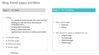 30
Blog, Social pages and More
Step 1 : To Start
• A blog :
- As a media at home (central and under control)
- Making our web site more alive because
embedded into it
- Bringing SEO friendliness
- Being a collaborative tool
- Appropriate to be share on other social media
• A Linkedin page
• A YouTube page
• A Slideshare page
• A Twitter page
29/09/2016
Step 2 : To Continue
• New social pages :
• Pinterest
• Others
• New features, apps or widgets for our :
• Linkedin page
• YouTube page
• Slideshare page
• Twitter page
 