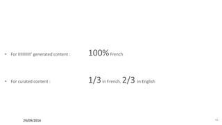 42
• For IIIIIIIIIII’ generated content : 100%French
• For curated content : 1/3in French, 2/3 in English
29/09/2016
 