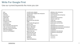 48
Write For Google First
Use our current keywords the more you can
data
big data
small data
data business
capital data
data science
data scientist
monétiser la data
monétisation
base de données
base de données internationale
créer une base de données
optimiser sa base de données
veille technologique
évolution technologique
transformation digitale
transformation digitale des entreprises
digitalisation
stratégie big data
gouvernance data
gouvernance
gouvernance des données
DQM
Data Quality Management
gestion client
gestion fournisseur
gestion référentiel
référentiel client
référentiel fournisseur
gestion dans sap
référentiel dans sap
gestion des risques
maitrise des risques
onboard
défaillance
risque de défaillance
défaillance des entreprises
santé financière
santé financière des entreprises
recouvrement
solution de recouvrement
solution mode saas
mode saas
performance marketing
performance commerciale
|||||||||
développement commercial
développement commercial international
developpement international
prospection
prospection internationale
prospection commerciale
dso
diminuer le dso
|||||||||
|||||||||
29/09/2016
 
