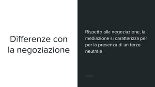 Differenze con
la negoziazione
Rispetto alla negoziazione, la
mediazione si caratterizza per
per la presenza di un terzo
neutrale
 