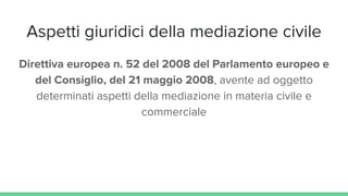 Aspetti giuridici della mediazione civile
Direttiva europea n. 52 del 2008 del Parlamento europeo e
del Consiglio, del 21 maggio 2008, avente ad oggetto
determinati aspetti della mediazione in materia civile e
commerciale
 