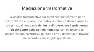 Mediazione trasformativa
La visione trasformativa sul significato del conflitto parte
quindi dal presupposto che dietro la richiesta di mediazione vi
sia principalmente una richiesta di rovesciare l’andamento
discendente della spirale negativa, con il ripristino di
un’interazione costruttiva, piuttosto che il desiderio di trovare
un accordo sulla singola questione
 