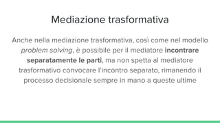 Mediazione trasformativa
Anche nella mediazione trasformativa, così come nel modello
problem solving, è possibile per il mediatore incontrare
separatamente le parti, ma non spetta al mediatore
trasformativo convocare l’incontro separato, rimanendo il
processo decisionale sempre in mano a queste ultime
 