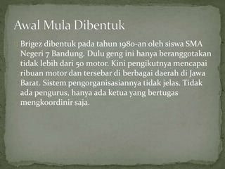 Brigez dibentuk pada tahun 1980-an oleh siswa SMA 
Negeri 7 Bandung. Dulu geng ini hanya beranggotakan 
tidak lebih dari 50 motor. Kini pengikutnya mencapai 
ribuan motor dan tersebar di berbagai daerah di Jawa 
Barat. Sistem pengorganisasiannya tidak jelas. Tidak 
ada pengurus, hanya ada ketua yang bertugas 
mengkoordinir saja. 
 