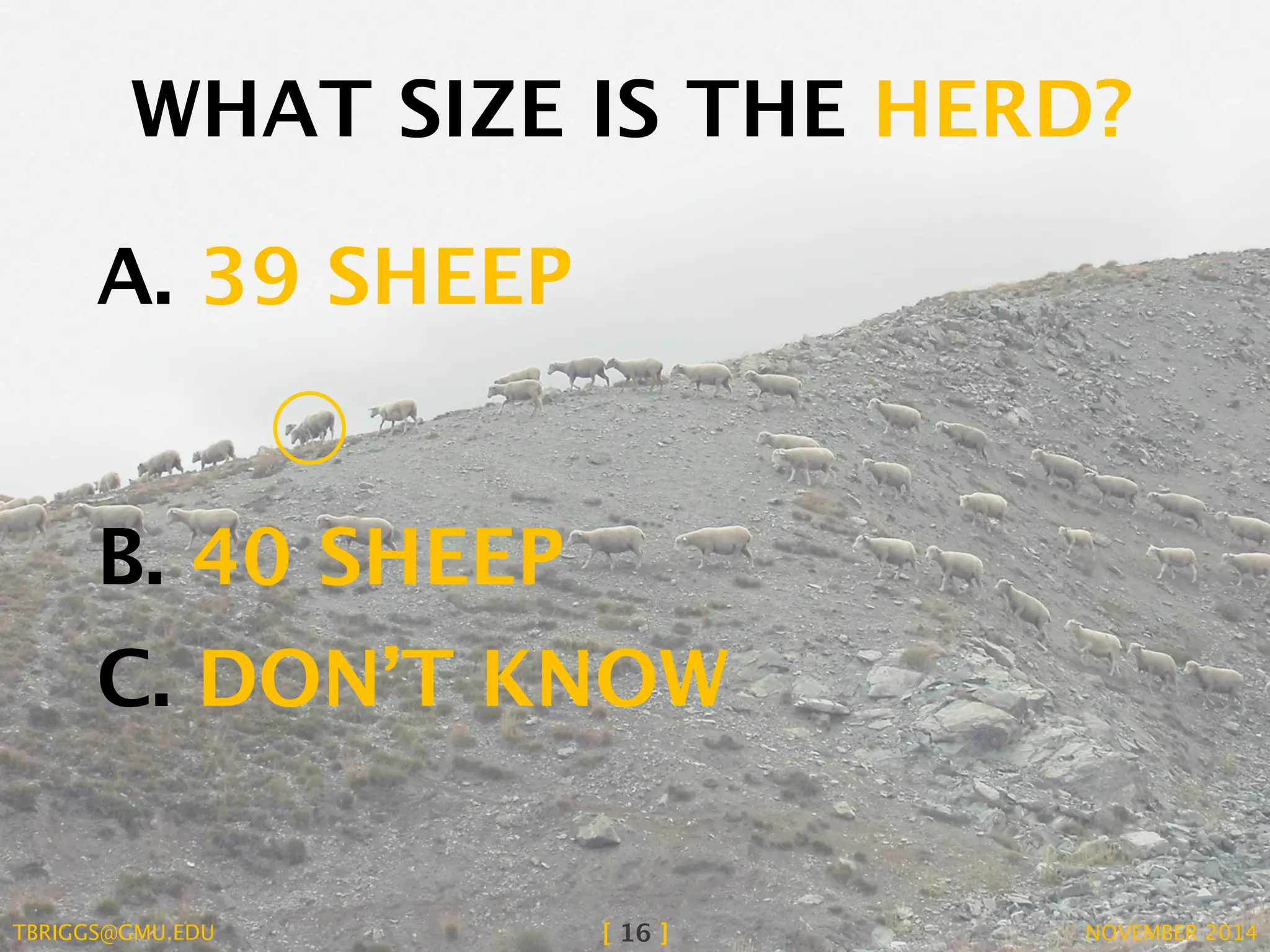 WHAT SIZE IS THE HERD? 
A. 39 SHEEP 
B. 40 SHEEP 
C. DON’T KNOW 
TBRIGGS@GMU.EDU [ 16 ] NOVEMBER 2014 
 
