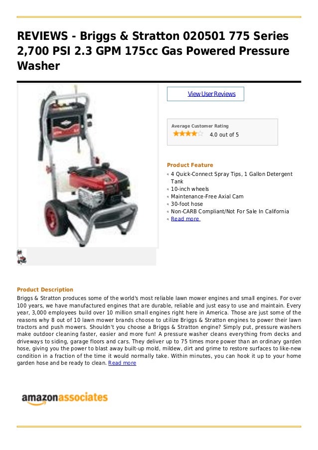 Briggs & stratton 020501 775 series 2,700 psi 2.3 gpm 175cc gas powered