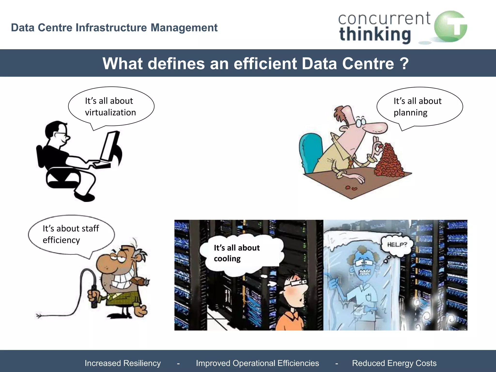 Data Centre Infrastructure Management 
What defines an efficient Data Centre ? 
It’s all about 
virtualization 
It’s all about 
cooling 
It’s all about 
planning 
It’s about staff 
efficiency 
Increased Resiliency - Improved Operational Efficiencies - Reduced Energy Costs 
 