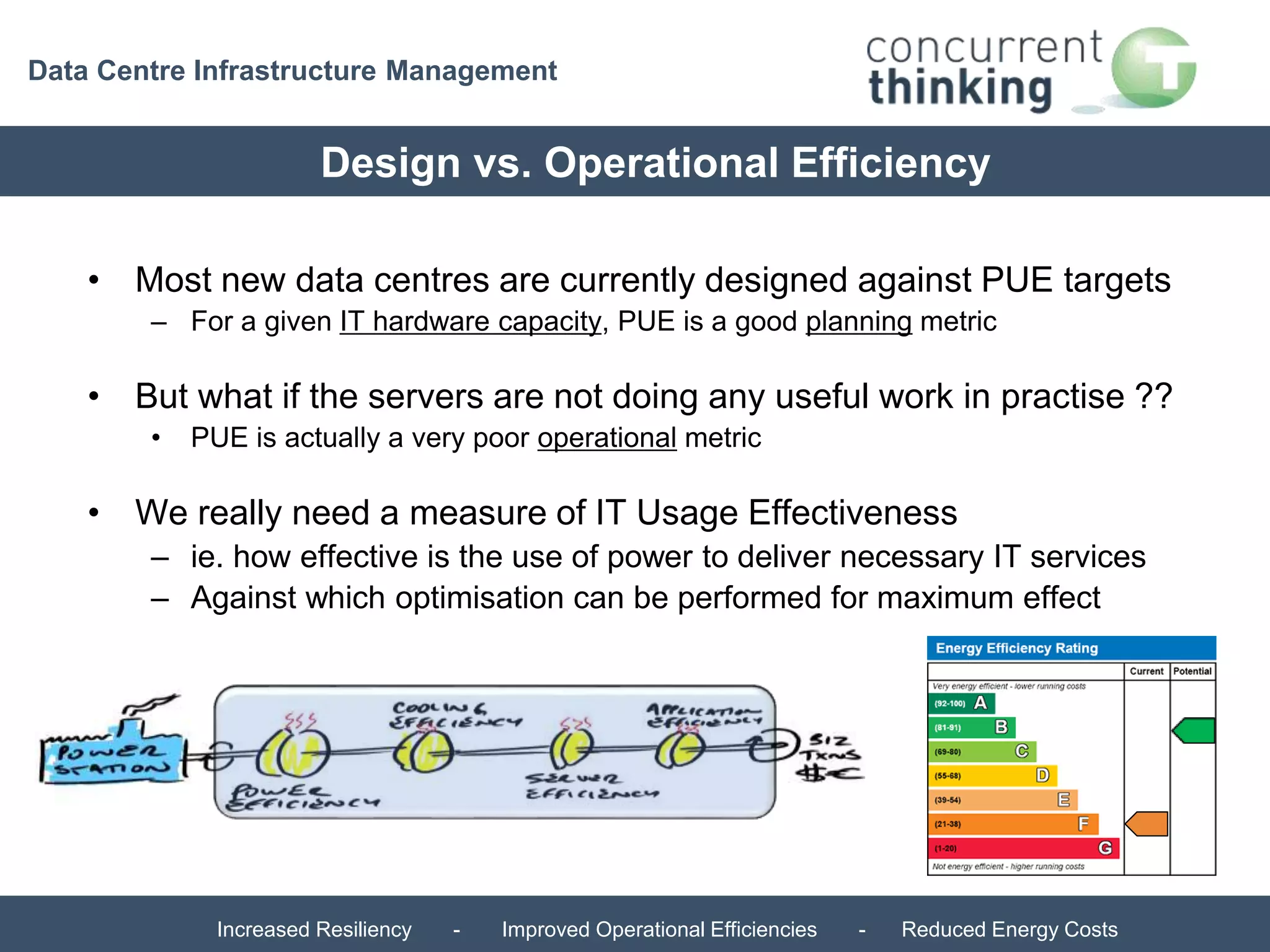 Data Centre Infrastructure Management 
Design vs. Operational Efficiency 
• Most new data centres are currently designed against PUE targets 
– For a given IT hardware capacity, PUE is a good planning metric 
• But what if the servers are not doing any useful work in practise ?? 
• PUE is actually a very poor operational metric 
• We really need a measure of IT Usage Effectiveness 
– ie. how effective is the use of power to deliver necessary IT services 
– Against which optimisation can be performed for maximum effect 
Increased Resiliency - Improved Operational Efficiencies - Reduced Energy Costs 
 