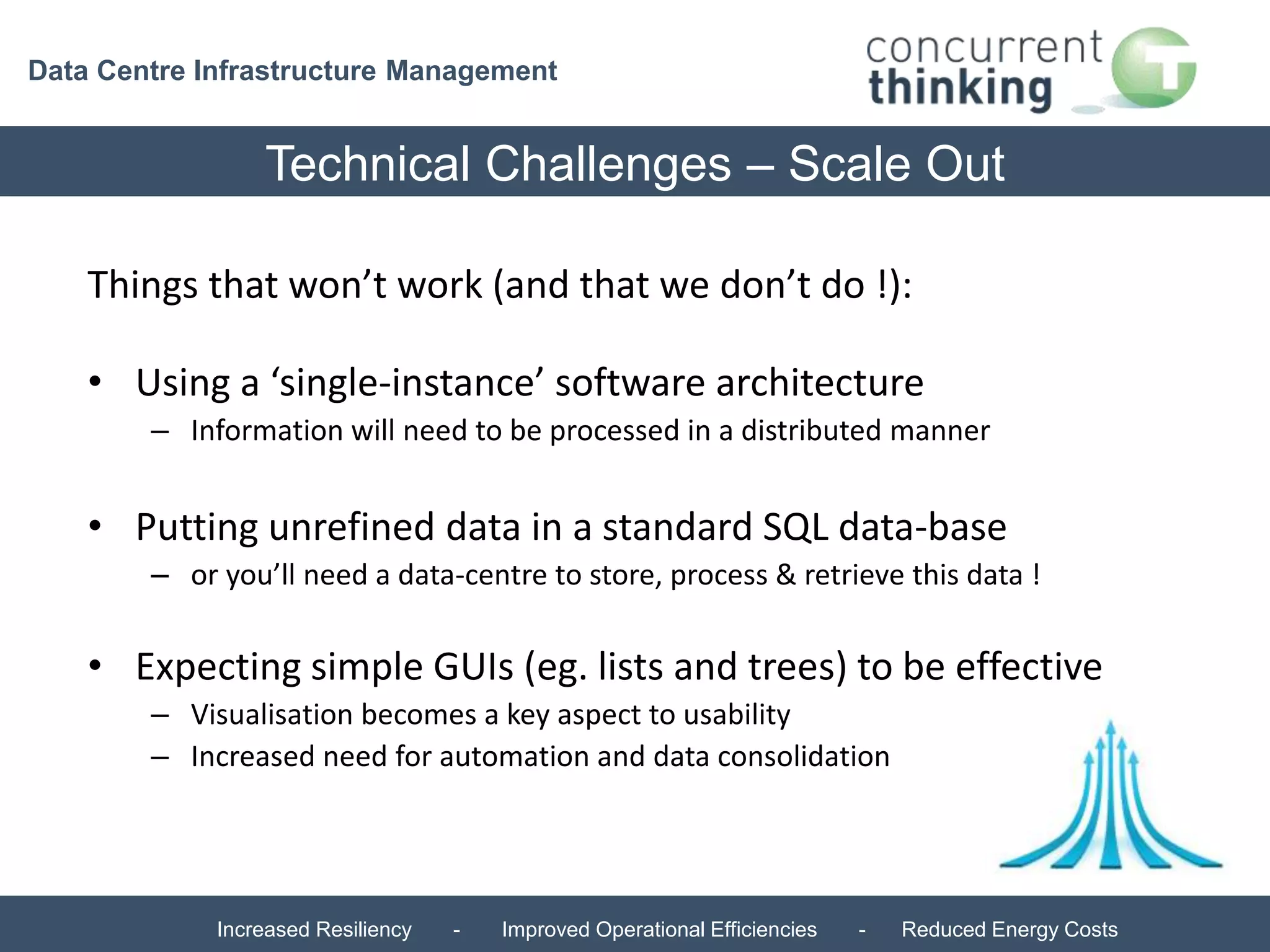 Data Centre Infrastructure Management 
Technical Challenges – Scale Out 
Things that won’t work (and that we don’t do !): 
• Using a ‘single-instance’ software architecture 
– Information will need to be processed in a distributed manner 
• Putting unrefined data in a standard SQL data-base 
– or you’ll need a data-centre to store, process & retrieve this data ! 
• Expecting simple GUIs (eg. lists and trees) to be effective 
– Visualisation becomes a key aspect to usability 
– Increased need for automation and data consolidation 
Increased Resiliency - Improved Operational Efficiencies - Reduced Energy Costs 
 