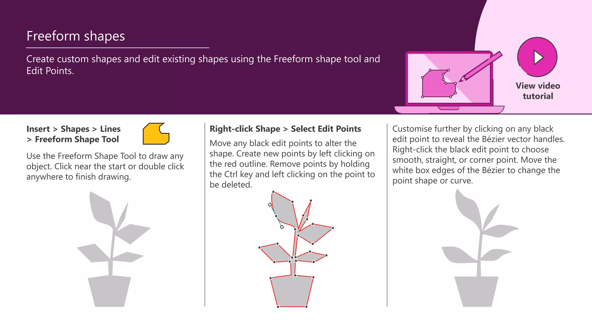 Freeform shapes
Create custom shapes and edit existing shapes using the Freeform shape tool and
Edit Points.
View video
tutorial
Insert > Shapes > Lines
> Freeform Shape Tool
Use the Freeform Shape Tool to draw any
object. Click near the start or double click
anywhere to finish drawing.
Move any black edit points to alter the
shape. Create new points by left clicking on
the red outline. Remove points by holding
the Ctrl key and left clicking on the point to
be deleted.
Right-click Shape > Select Edit Points Customise further by clicking on any black
edit point to reveal the Bézier vector handles.
Right-click the black edit point to choose
smooth, straight, or corner point. Move the
white box edges of the Bézier to change the
point shape or curve.
 
