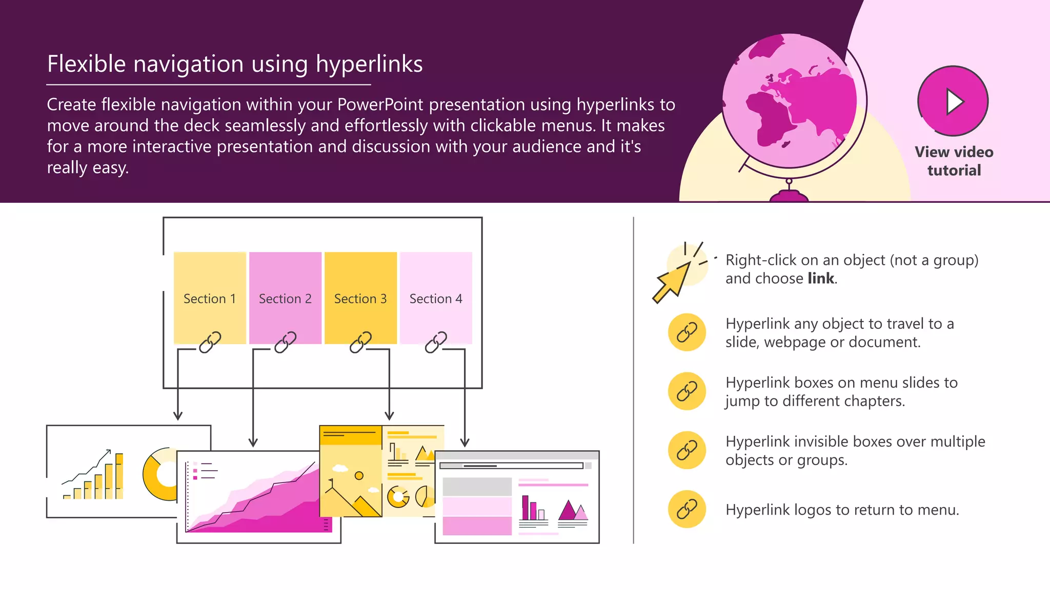 Section 1 Section 2 Section 3 Section 4
Hyperlink any object to travel to a
slide, webpage or document.
Hyperlink boxes on menu slides to
jump to different chapters.
Hyperlink logos to return to menu.
Hyperlink invisible boxes over multiple
objects or groups.
Right-click on an object (not a group)
and choose link.
Create flexible navigation within your PowerPoint presentation using hyperlinks to
move around the deck seamlessly and effortlessly with clickable menus. It makes
for a more interactive presentation and discussion with your audience and it's
really easy.
View video
tutorial
Flexible navigation using hyperlinks
 