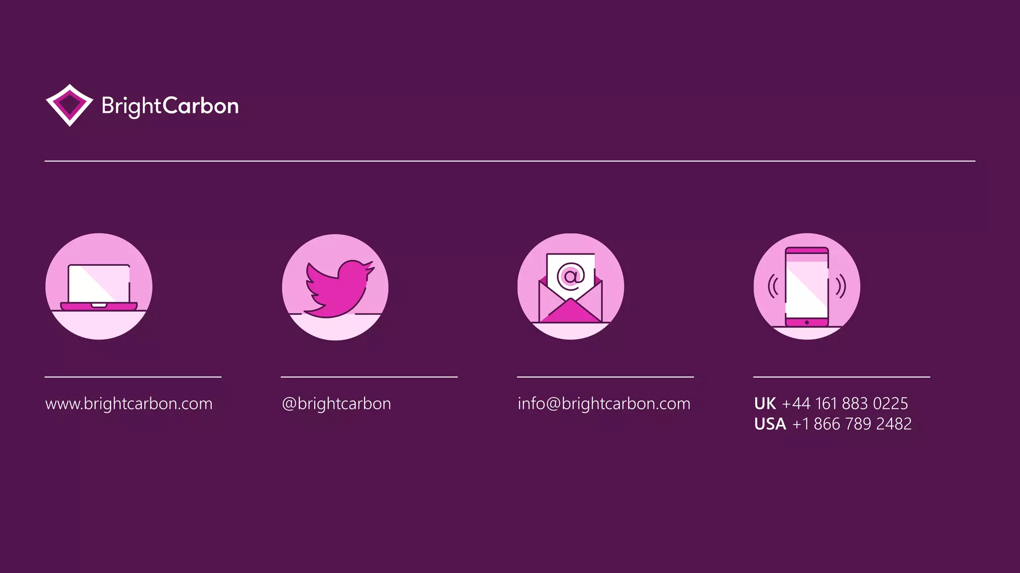 UK +44 161 883 0225
USA +1 866 789 2482
info@brightcarbon.com
www.brightcarbon.com @brightcarbon
 
