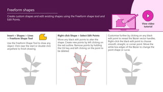 Freeform shapes
Create custom shapes and edit existing shapes using the Freeform shape tool and
Edit Points.
View video
tutorial
Insert > Shapes > Lines
> Freeform Shape Tool
Use the Freeform Shape Tool to draw any
object. Click near the start or double click
anywhere to finish drawing.
Move any black edit points to alter the
shape. Create new points by left clicking on
the red outline. Remove points by holding
the Ctrl key and left clicking on the point to
be deleted.
Right-click Shape > Select Edit Points Customise further by clicking on any black
edit point to reveal the Bézier vector handles.
Right-click the black edit point to choose
smooth, straight, or corner point. Move the
white box edges of the Bézier to change the
point shape or curve.
 
