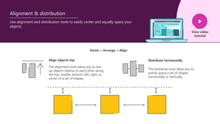 Use alignment and distribution tools to easily center and equally space your
objects.
View video
tutorial
Alignment & distribution
The alignment tools allow you to line
up objects relative to each other along
the top, middle, bottom, left, right, or
center of a set of shapes.
Align objects top
The distribute tools allow you to
evenly space a set of shapes
horizontally or vertically.
Distribute horizontally
Home > Arrange > Align
 
