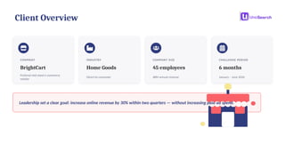 Client Overview
COMPANY
BrightCart
Fictional mid-sized e-commerce
retailer
INDUSTRY
Home Goods
Direct-to-consumer
COMPANY SIZE
45 employees
$8M annual revenue
CHALLENGE PERIOD
6 months
January – June 2026
Leadership set a clear goal: increase online revenue by 30% within two quarters — without increasing paid ad spend.
 