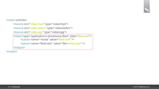 <video controls>
      <source src=“video.mp4” type=“video/mp4”>
      <source src=“video.webm” type=“video/webm”>
      <source src=“video.ogv” type=“video/ogg”>
      <object type=“application/x-shockwave-flash” data=“flash.swf”>
            <param name=“movie” value=“flash.swf” />
            <param name=“flashvars” value=“file=video.mp4” />
      </object>
</video>




 41 | Confidential                                                     © 2013 Brightcove Inc.
 