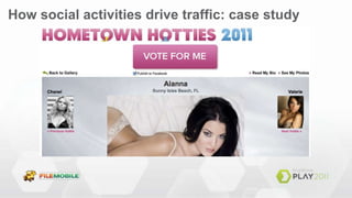 How social activities drive traffic: case studyMaxim MagazineSocial Activities drive referral trafficPublish voting, rating, comments, photo/video uploads to public social networks; Facebook, Twitter, LinkedIn, etc.Publish user upload and votes to Facebook Feed helped generate