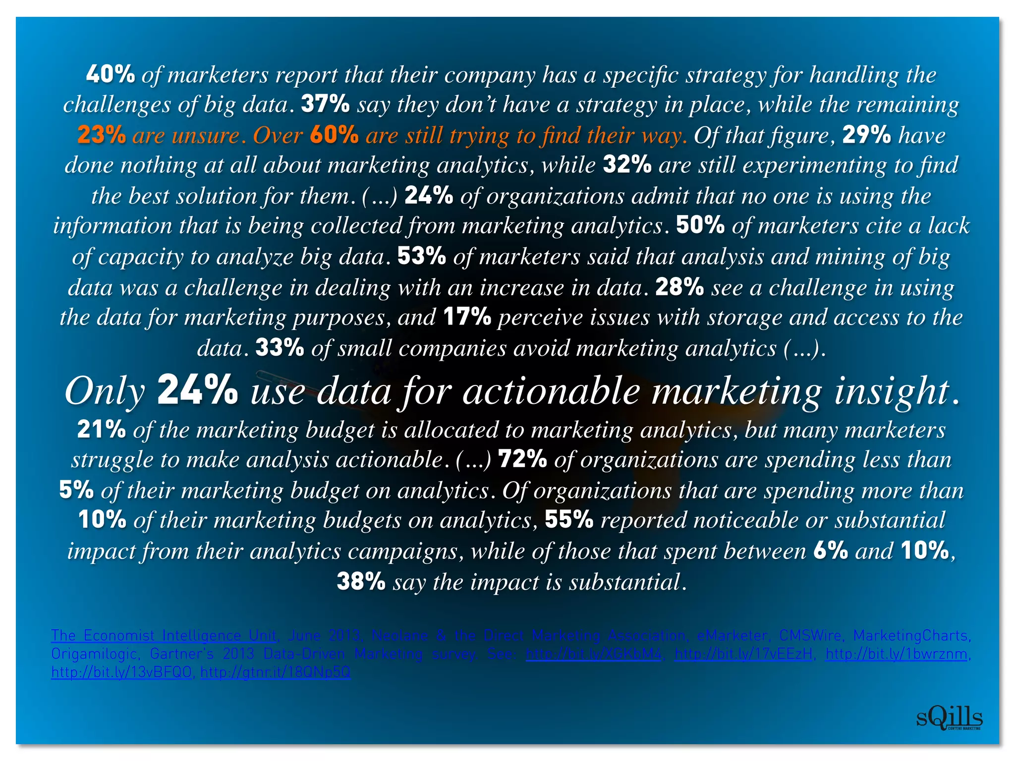 40% of marketers report that their company has a speciﬁc strategy for handling the
challenges of big data. 37% say they don’t have a strategy in place, while the remaining
23% are unsure. Over 60% are still trying to ﬁnd their way. Of that ﬁgure, 29% have
done nothing at all about marketing analytics, while 32% are still experimenting to ﬁnd
the best solution for them. (...) 24% of organizations admit that no one is using the
information that is being collected from marketing analytics. 50% of marketers cite a lack
of capacity to analyze big data. 53% of marketers said that analysis and mining of big
data was a challenge in dealing with an increase in data. 28% see a challenge in using
the data for marketing purposes, and 17% perceive issues with storage and access to the
data. 33% of small companies avoid marketing analytics (...). 	

Only 24% use data for actionable marketing insight.
21% of the marketing budget is allocated to marketing analytics, but many marketers
struggle to make analysis actionable. (...) 72% of organizations are spending less than
5% of their marketing budget on analytics. Of organizations that are spending more than
10% of their marketing budgets on analytics, 55% reported noticeable or substantial
impact from their analytics campaigns, while of those that spent between 6% and 10%,
38% say the impact is substantial.	

	

The Economist Intelligence Unit, June 2013, Neolane  the Direct Marketing Association, eMarketer, CMSWire, MarketingCharts,
Origamilogic, Gartner's 2013 Data-Driven Marketing survey. See: http://bit.ly/XGKbM4, http://bit.ly/17vEEzH, http://bit.ly/1bwrznm,
http://bit.ly/13vBFQO, http://gtnr.it/18QNp5Q
	

 