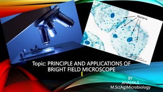 Topic: PRINCIPLE AND APPLICATIONS OF
BRIGHT FIELD MICROSCOPE
BY
AHALYA.S
M.Sc(Ag)Microbiology
 