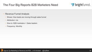 The Four Big Reports B2B Marketers Need
22How to Tie Marketing to Revenue and ROI….in 9 minutes! @JayBaer
• Revenue Funnel...