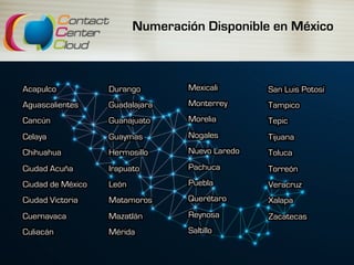 Numeración Disponible en México
Acapulco
Aguascalientes
Cancún
Celaya
Chihuahua
Ciudad Acuña
Ciudad de México
Ciudad Victoria
Cuernavaca
Culiacán
Durango
Guadalajara
Guanajuato
Guaymas
Hermosillo
Irapuato
León
Matamoros
Mazatlán
Mérida
Mexicali
Monterrey
Morelia
Nogales
Nuevo Laredo
Pachuca
Puebla
Querétaro
Reynosa
Saltillo
San Luis Potosí
Tampico
Tepic
Tijuana
Toluca
Torreón
Veracruz
Xalapa
Zacatecas 		
 