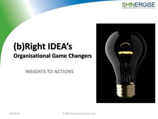 (b)Right IDEA’sOrganisational Game Changers INSIGHTS TO ACTIONS 9/4/2009 © 2009 Shinergise Partners Ltd. 