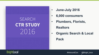 @Bright_loca#InboundCon
• June-July 2016
• 6,000 consumers
• Plumbers, Florists,
Realtors
• Organic Search & Local
Pack
 