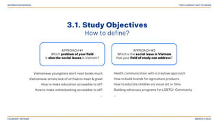 3.1. Study Objectives
How to define?
APPROACH #1
Which problem of your field
is also the social issues in Vietnam?
APPROACH #2
Which is the social issue in Vietnam
that your field of study can address?
Vietnamese youngsters don’t read books much
Vietnamese artists lack of art hub to meet & greet
How to make education accessible to all?
How to make online banking accessible to all?
…
Health communication with a creative approach
How to build brands for agriculture products
How to educate children via visual art or films
Building advocacy programs for LGBTQ+ Community
…
 