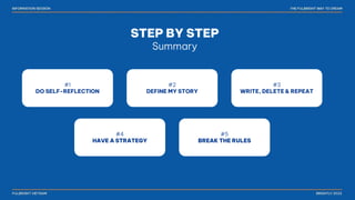 #1
DO SELF-REFLECTION
#2
DEFINE MY STORY
#3
WRITE, DELETE & REPEAT
#4
HAVE A STRATEGY
#5
BREAK THE RULES
STEP BY STEP
Summary
 
