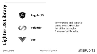 LighterJSLibrary
AngularJS
Polymer
Vue
Lower parse and compile
times. See HNPWA for
list of live examples
frameworks/libra...
