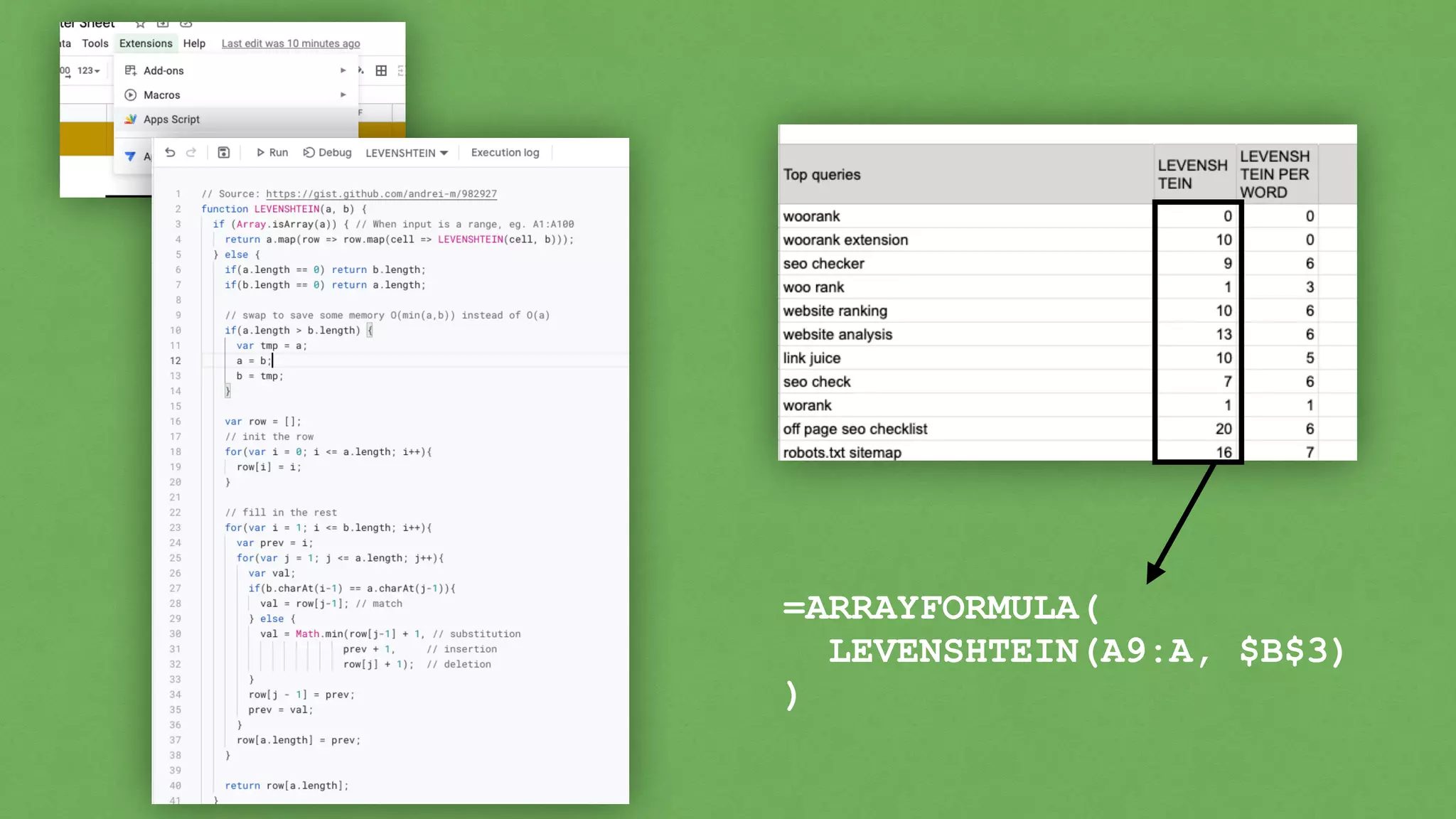 =ARRAYFORMULA(


LEVENSHTEIN(A9:A, $B$3)


)
 