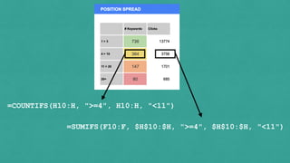 =COUNTIFS(H10:H, ">=4", H10:H, "<11")
=SUMIFS(F10:F, $H$10:$H, ">=4", $H$10:$H, "<11")
 