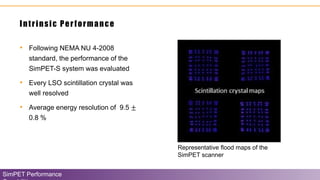 Intrinsic Performance
SimPET Performance
• Following NEMA NU 4-2008
standard, the performance of the
SimPET-S system was evaluated
• Every LSO scintillation crystal was
well resolved
• Average energy resolution of 9.5 ±
0.8 %
Representative flood maps of the
SimPET scanner
 