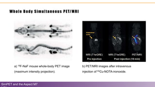 Whole Body Simultaneous PET/MRI
SimPET and the Aspect M7
b) PET/MRI images after intravenous
injection of 64Cu-NOTA-ironoxide.
a) 18F-NaF mouse whole-body PET image
(maximum intensity projection).
 