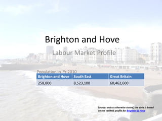 Brighton and Hove
Labour Market Profile
Brighton and Hove South East Great Britain
258,800 8,523,100 60,462,600
Population in Yr 2010
Source: unless otherwise stated, the data is based
on the NOMIS profile for Brighton & Hove
 