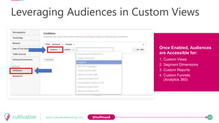 @hoffman8
Leveraging Audiences in Custom Views
Once Enabled, Audiences
are Accessible for:
1. Custom Views
2. Segment Dime...