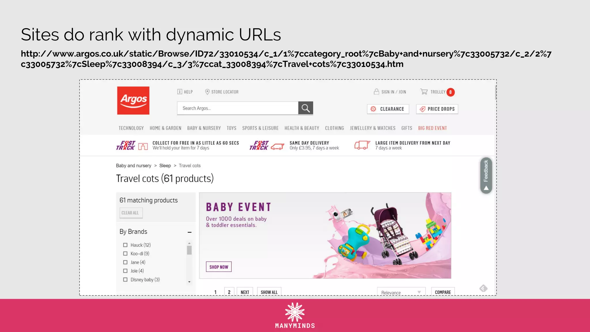 Sites do rank with dynamic URLs
http://www.argos.co.uk/static/Browse/ID72/33010534/c_1/1%7ccategory_root%7cBaby+and+nursery%7c33005732/c_2/2%7
c33005732%7cSleep%7c33008394/c_3/3%7ccat_33008394%7cTravel+cots%7c33010534.htm
 