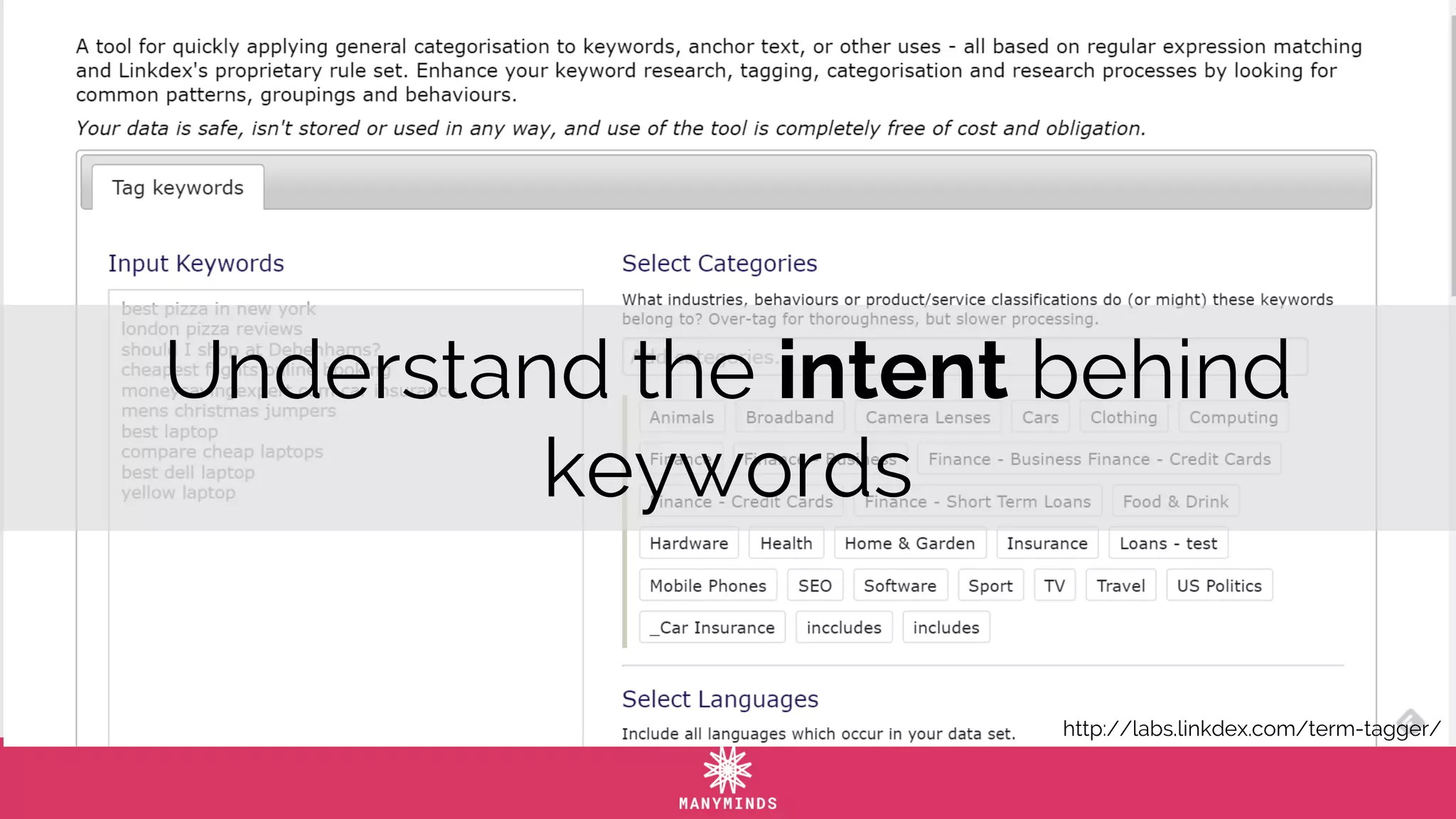 http://labs.linkdex.com/term-tagger/
Understand the intent behind
keywords
 