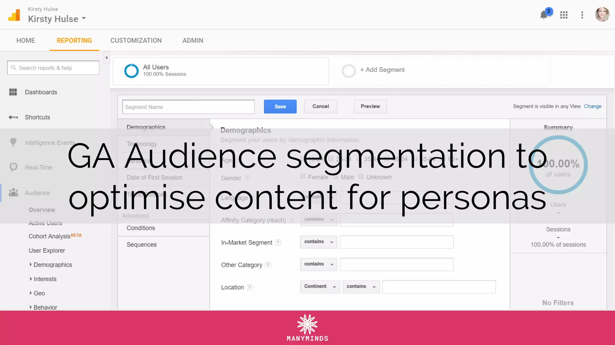 GA Audience segmentation to
optimise content for personas
 